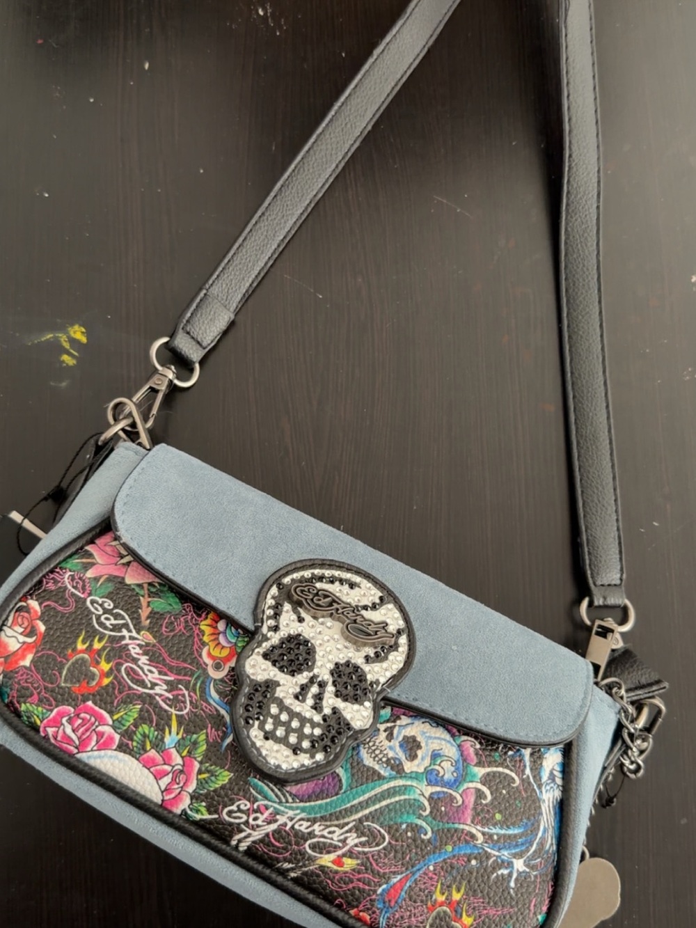 Ed Hardy Blue Crossbody Bag with Skull Applique and Floral Print